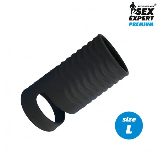 Черная открытая насадка на пенис с кольцом для мошонки L-size - 8,5 см. - Sex Expert - в Ногинске купить с доставкой