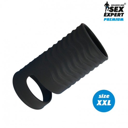 Черная открытая насадка на пенис с кольцом для мошонки XXL-size - 9,4 см. - Sex Expert - в Ногинске купить с доставкой