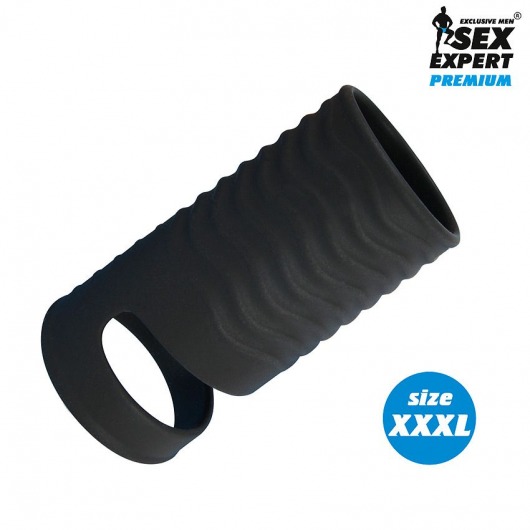 Черная открытая насадка на пенис с кольцом для мошонки XXXL-size - 9,9 см. - Sex Expert - в Ногинске купить с доставкой