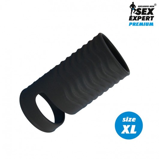 Черная открытая насадка на пенис с кольцом для мошонки XL-size - 8,9 см. - Sex Expert - в Ногинске купить с доставкой