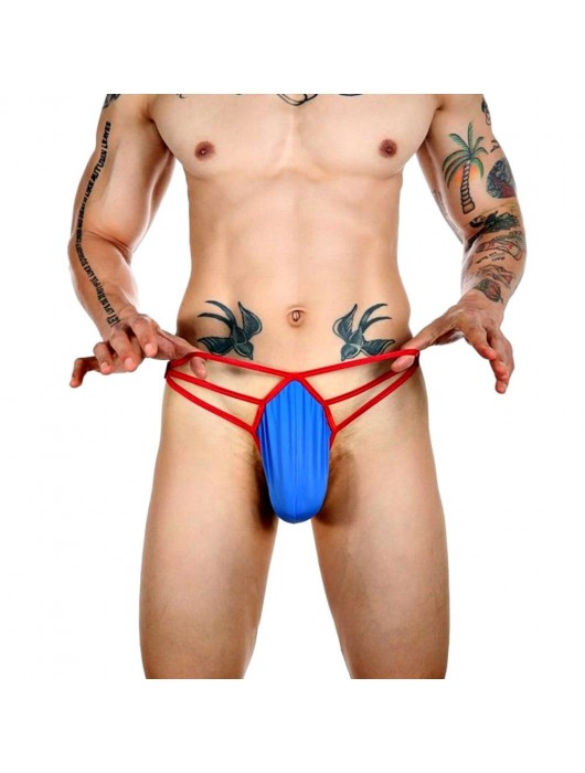 Синие сексуальные трусы-стринги на тонких красных бретелях - Romeo Rossi купить с доставкой