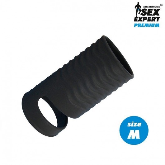 Черная открытая насадка на пенис с кольцом для мошонки size M - 7,9 см. - Sex Expert - в Ногинске купить с доставкой