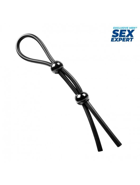 Черное силиконовое лассо с двумя шариками для утяжки - Sex Expert - в Ногинске купить с доставкой