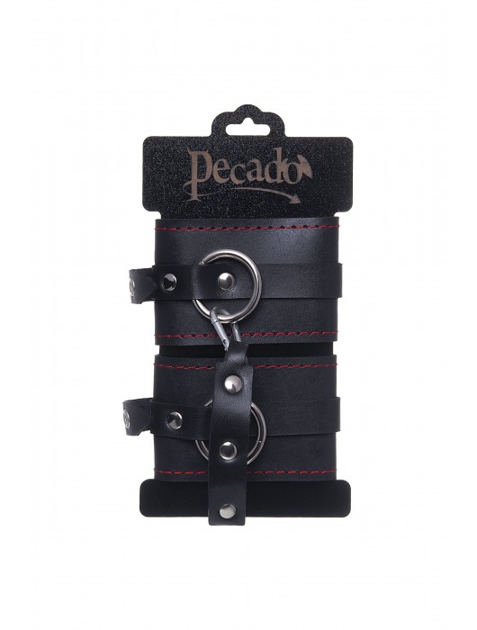 Черные кожаные однослойные оковы с контрастной строчкой - Pecado - купить с доставкой в Ногинске
