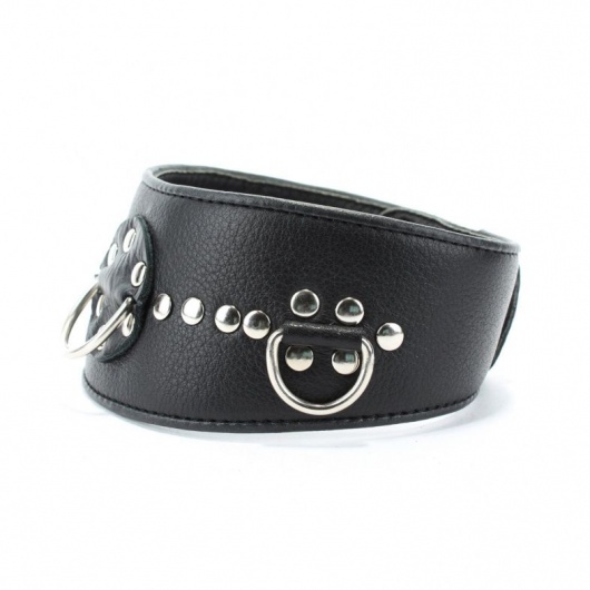 Чёрный кожаный ошейник с полукольцами и клёпками - БДСМ Арсенал - купить с доставкой в Ногинске