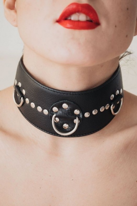 Чёрный кожаный ошейник с полукольцами и клёпками - БДСМ Арсенал - купить с доставкой в Ногинске