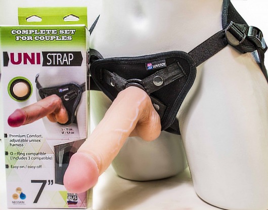 Страпон-унисекс с двумя насадками UNI strap 7  Harness - 19 и 16 см. - LOVETOY (А-Полимер) - купить с доставкой в Ногинске