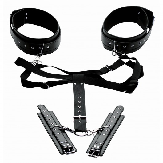 Черная бондажная система Acquire Easy Access Thigh Harness with Wrist Cuffs - XR Brands - купить с доставкой в Ногинске