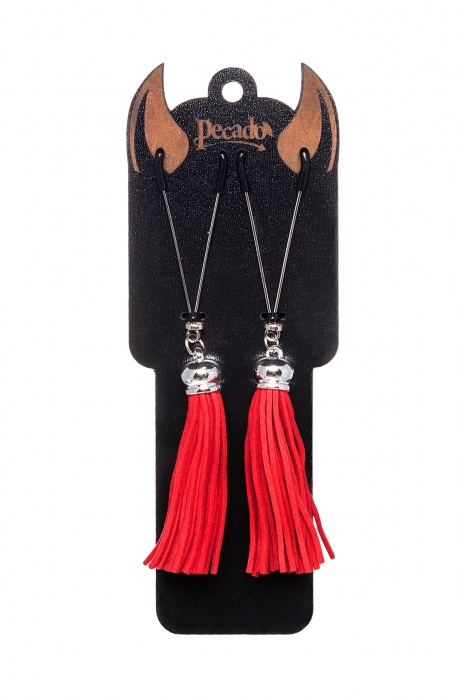 Зажимы на соски «Вилки» с красными кисточками из замши - Pecado - купить с доставкой в Ногинске