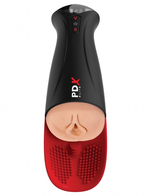Телесный мастурбатор-вагина в черной колбе с вибрацией Fuck-O-Matic Pro XL - Pipedream - в Ногинске купить с доставкой