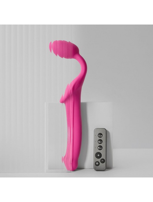 Ярко-розовый безремневой страпон Strap-on-me Vibrating Bendable Strap-On size L - Strap-on-me - купить с доставкой в Ногинске