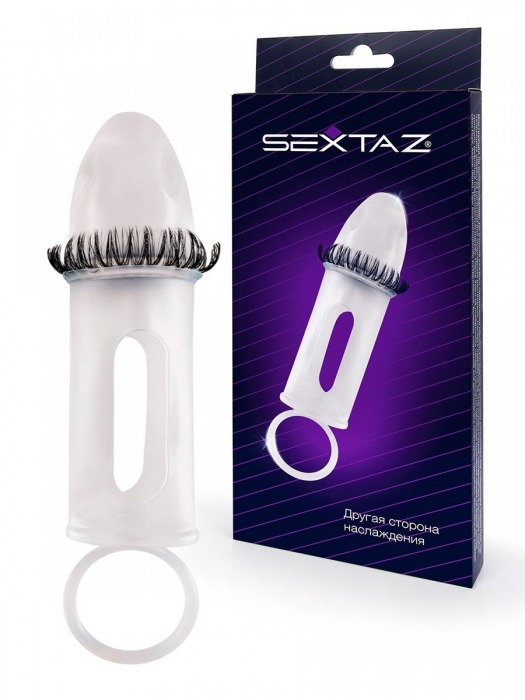 Закрытая насадка на пенис с подхватом мошонки и стимулирующими «ресничками» - Sextaz - в Ногинске купить с доставкой