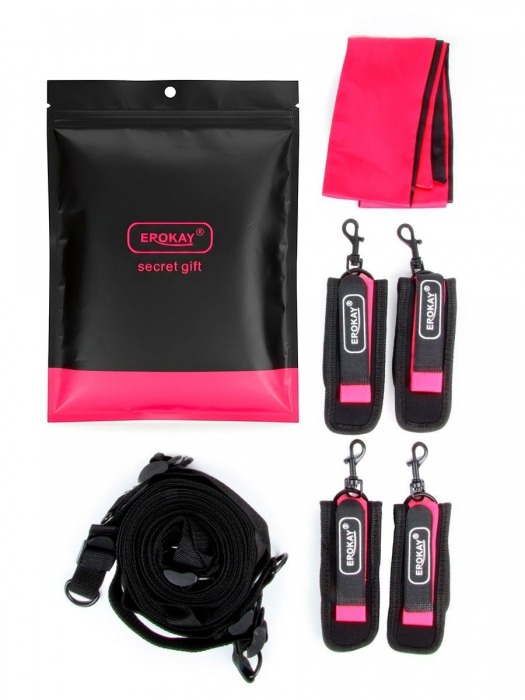 Черно-розовый эротический набор: фиксатор, оковы, наручники, повязка - Erokay - купить с доставкой в Ногинске