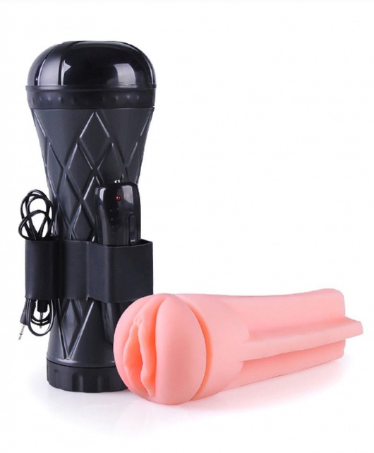 Телесный мастурбатор-вагина в черной колбе с вибрацией - Boys of Toys - в Ногинске купить с доставкой