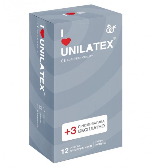 Презервативы с рёбрами Unilatex Ribbed - 12 шт. + 3 шт. в подарок - Unilatex - купить с доставкой в Ногинске